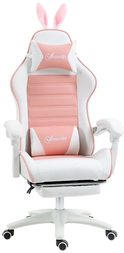 Vinsetto Scaun de Gaming Ergonomic cu Urechi de Iepure și Suport pentru Picioare Extensibil, 65x63x136-142 cm, Roz | Aosom Romania