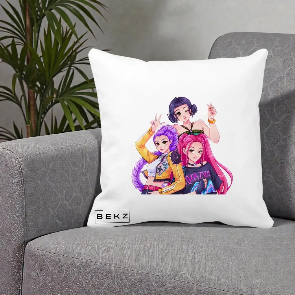 Perna Personalizata K-pop HUNTRX Trio Animat Fete Foto, 40x40 cm, Alba Mata, Husa Detasabila, Perna Inclusa, BEKZ®