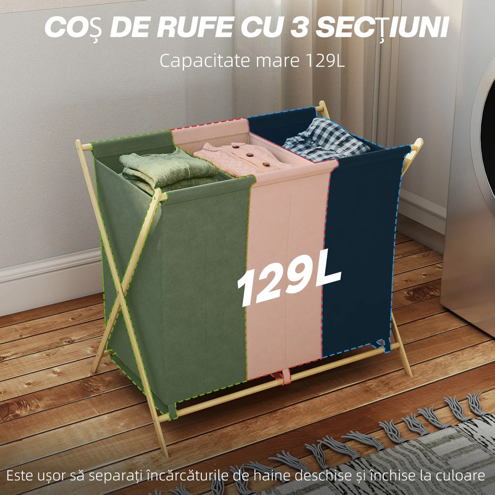 HOMCOM Coș de rufe pliabil 129L cu 3 compartimente și cadru X pentru dormitor, baie sau utilități. | Aosom Romania