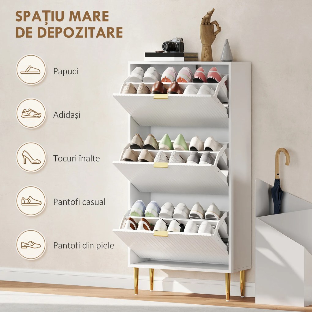 HOMCOM Dulap de pantofi pentru 18 perechi de pantofi cu 3 sertare rabatabile Alb | Aosom Romania
