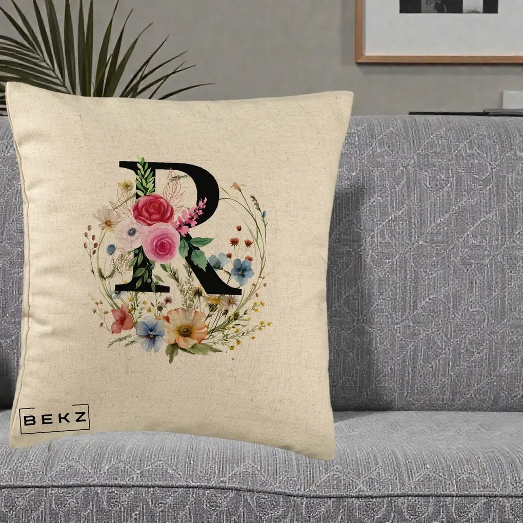 Cadou Personalizat - Perna Personalizata Monogram Litera R cu Flori Acuarela, 40x40 cm, Bej, Husa Detasabila, Perna Inclusa, BEKZ®