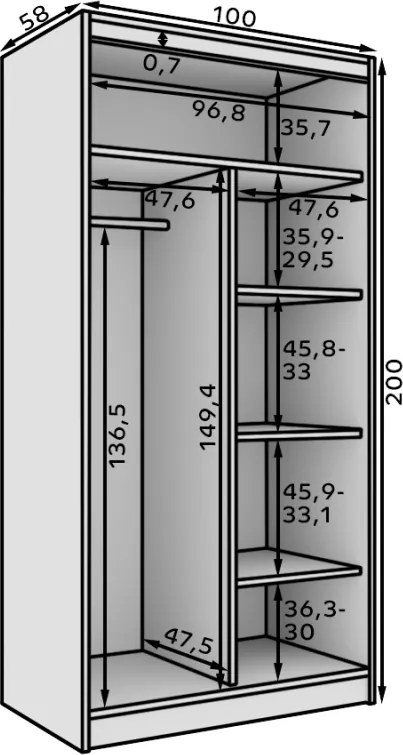 Dulap cu usi glisante, 100x58x200 cm, Laurencja 100, ADRK Furniture (Culoare: Alb / Alb)