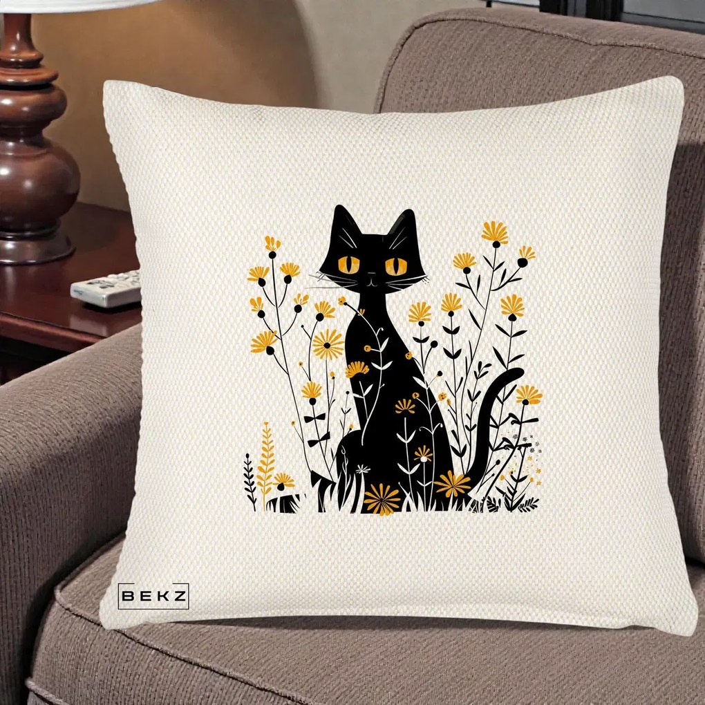 Perna Decorativa Pisica Neagra Ochi Galbeni Flori Galbene, 40x40 cm, Crem Reliefat, Husa Detasabila, Perna Inclusa, BEKZ®