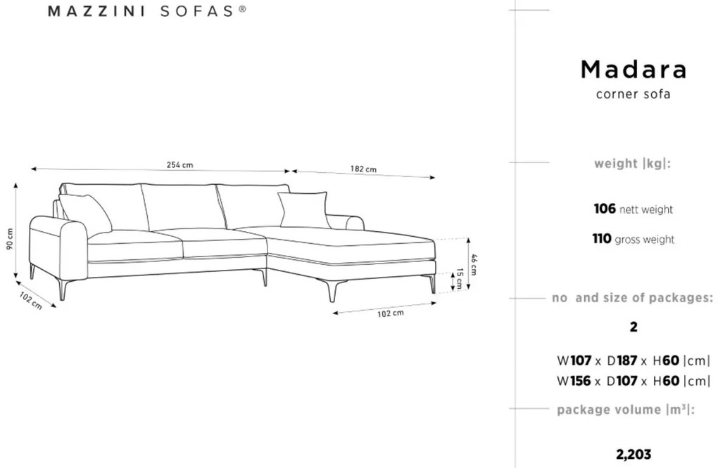 Coltar dreapta, Madara, Mazzini Sofas, 5 locuri, black legs, 254x182x90 cm, catifea, albastru regal
