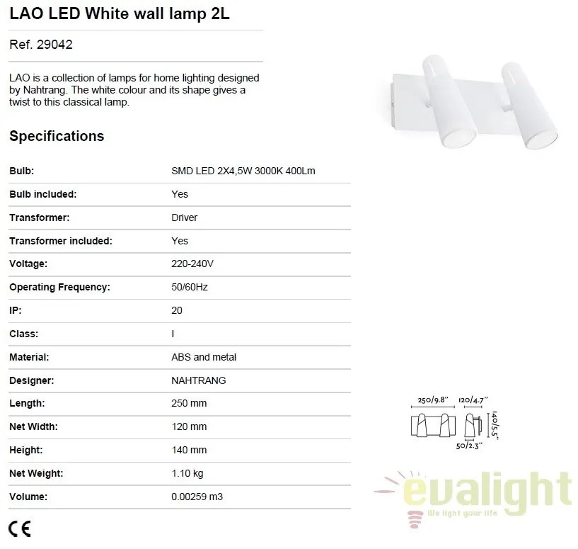 Aplica perete LED moderna cu 2 spoturi LAO alb 29042