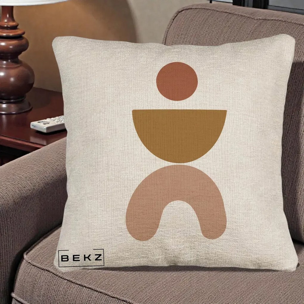Perna Decorativa Geometric Boho Disc si Arc, 40x40 cm, Bej Canapea, Husa Detasabila, Perna Inclusa, BEKZ®