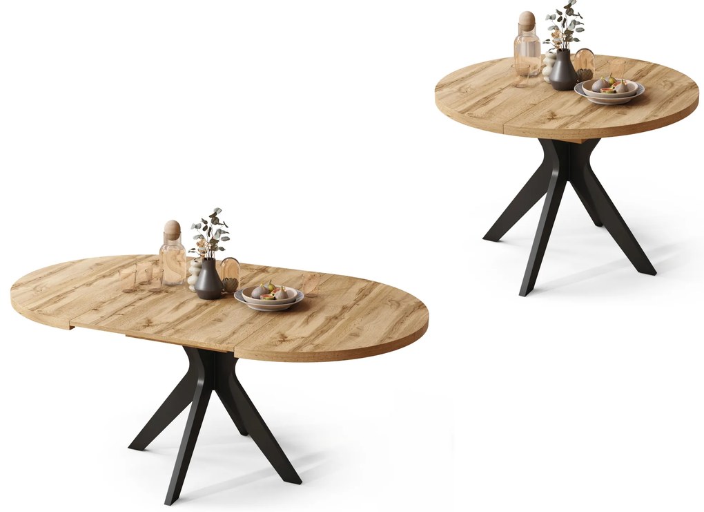 Mazzoni RENZO Stejar Wotan/picior negru - MASĂ ROTUNDĂ Ø110 EXTENSIBILĂ PÂNĂ LA 180 cm | PENTRU BUCĂTĂRIE SUFRAGERIE LIVING RETRO