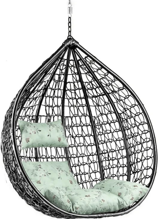 Scaun balansoar suspendat KOKON negru fara suport, perna verde deschis cu model