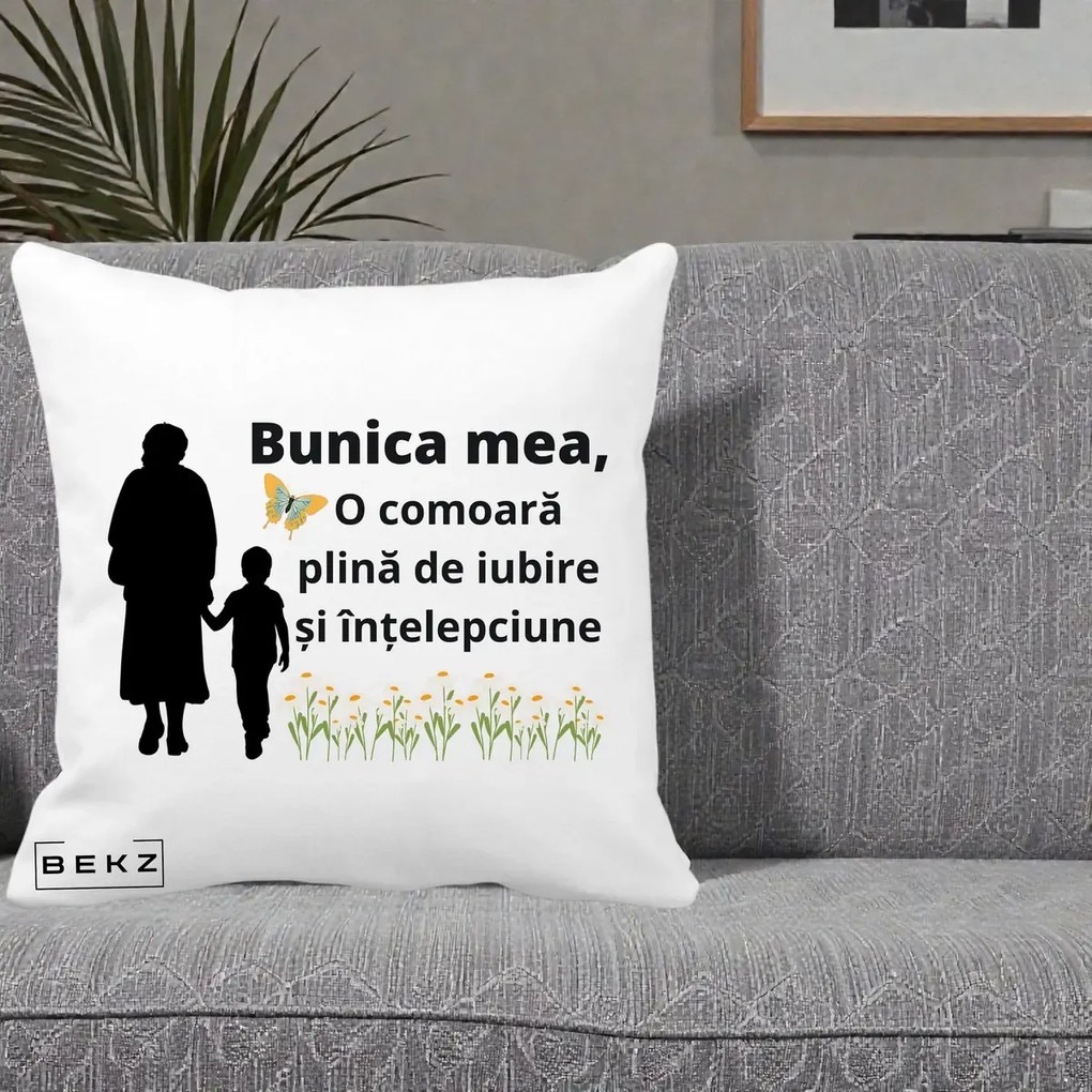 Cadou pentru Bunica - Perna Personalizata Bunica Mea Comoara cu Fluture si Baietel, 40x40 cm, Alba Mata, Husa Detasabila, Perna Inclusa, BEKZ®