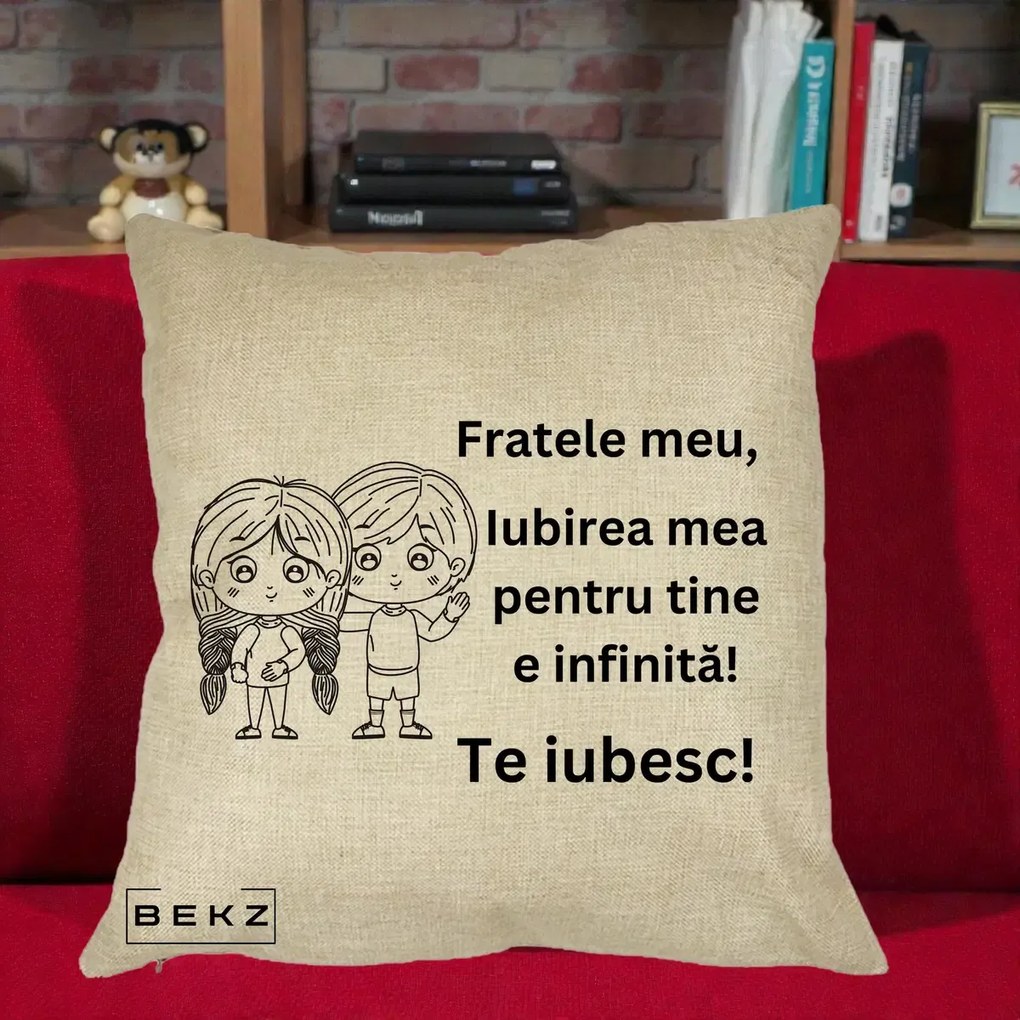 Cadou pentru Frate - Perna Personalizata Fratele Meu Te Iubesc Copii Anime Line Art Negru, 40x40 cm, Crem, Husa Detasabila, Perna Inclusa, BEKZ®