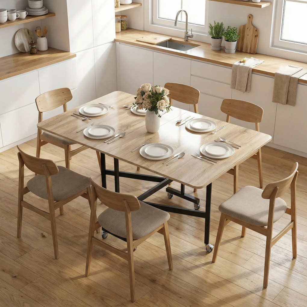 HOMCOM Masă Pliabilă pentru Dining, Masă de Bucătărie Extensibilă cu Roți și Frâne, pentru 4-6 Persoane, Birou Rabatabil cu Structură din Oțel, pentru Living, 120x80x73 cm, Stejar | Aosom Romania