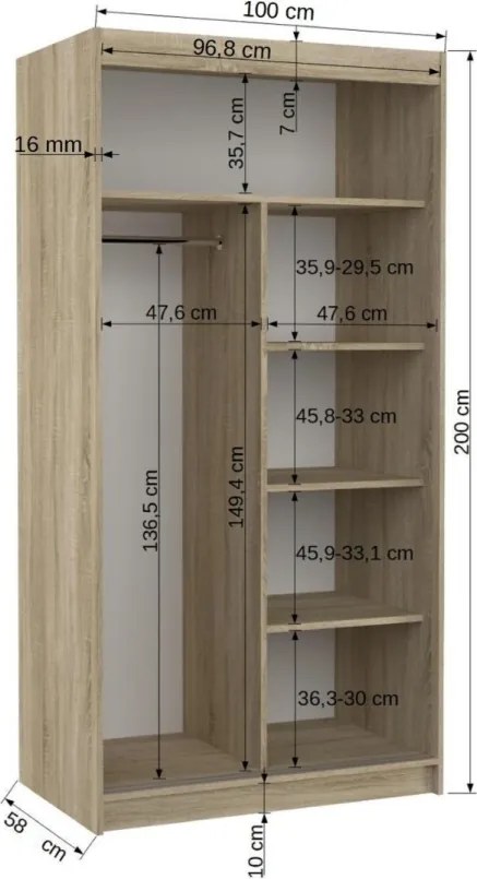 Dulap cu usi glisante si oglinda 100x200 cm, Baros, ADRK Furniture (Culoare: Negru / Alb)