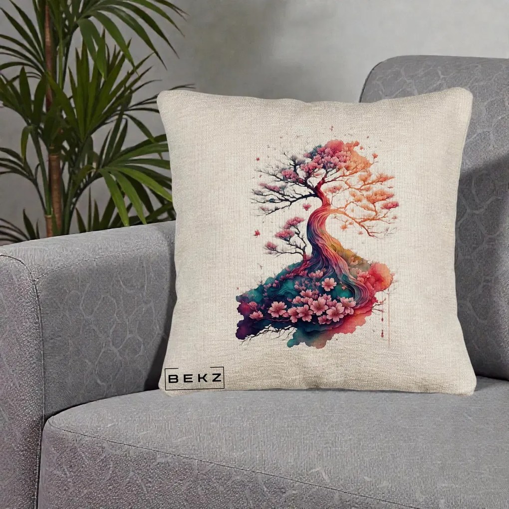 Perna Decorativa Copac Sakura Acuarela Fantasy, 40x40 cm, Bej Canapea, Husa Detasabila, Perna Inclusa, BEKZ®