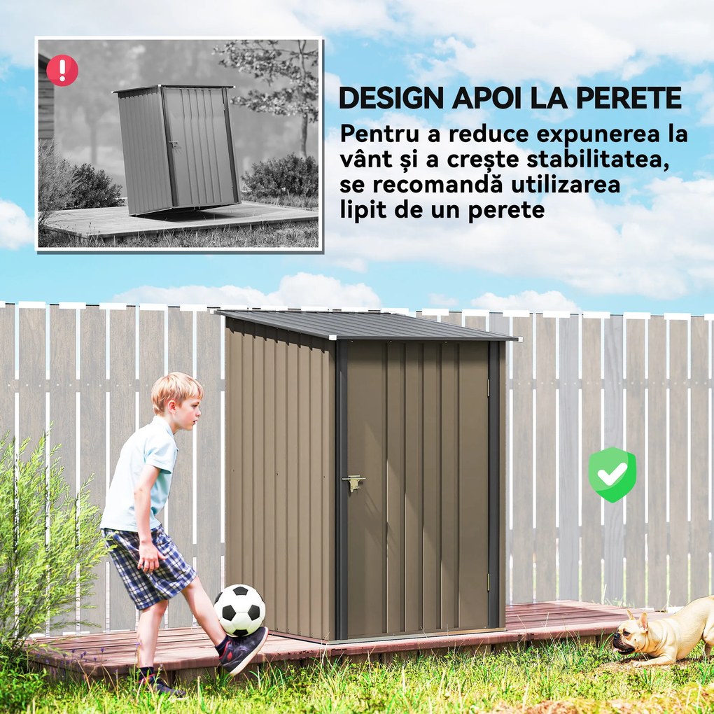 Outsunny Căsuță de Grădină 0.92m² din Oțel Galvanizat, Căsuță pentru Unelte cu Ușă Blocabilă și Acoperiș Înclinat, 100x104x160 cm, Maro și Gri Închis | Aosom Romania