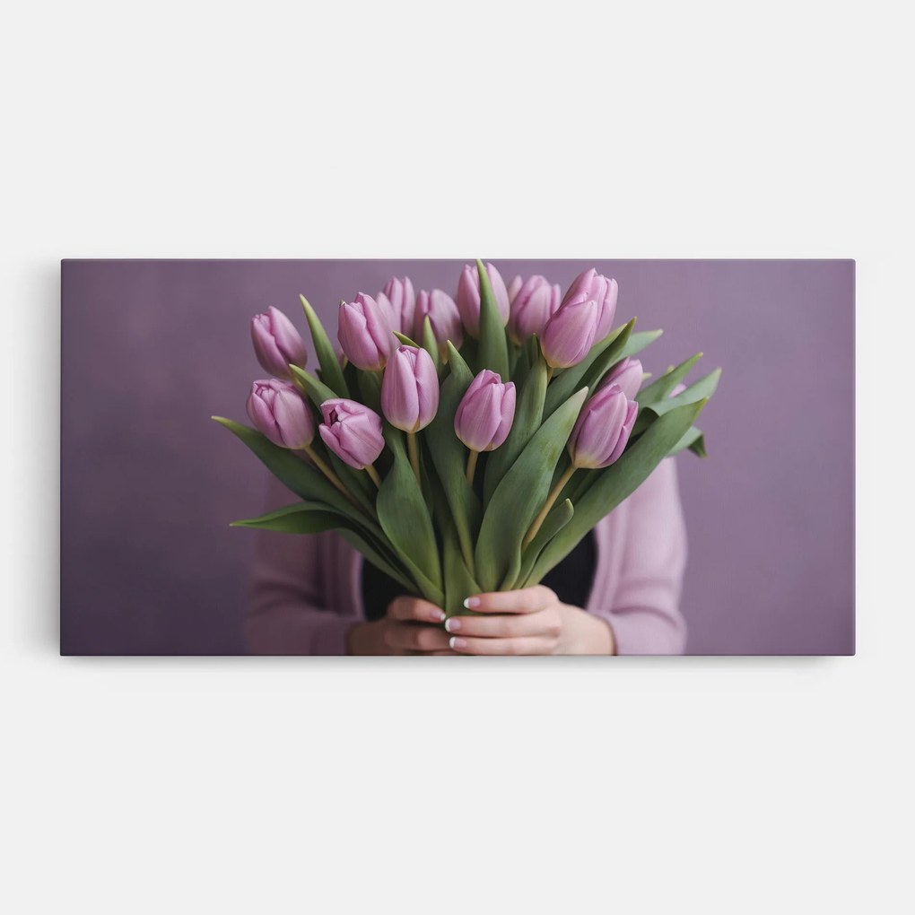 Tablou Canvas, 100x200cm, Dormitor si Living, Flori, Lalele, Holding Pink Tulips