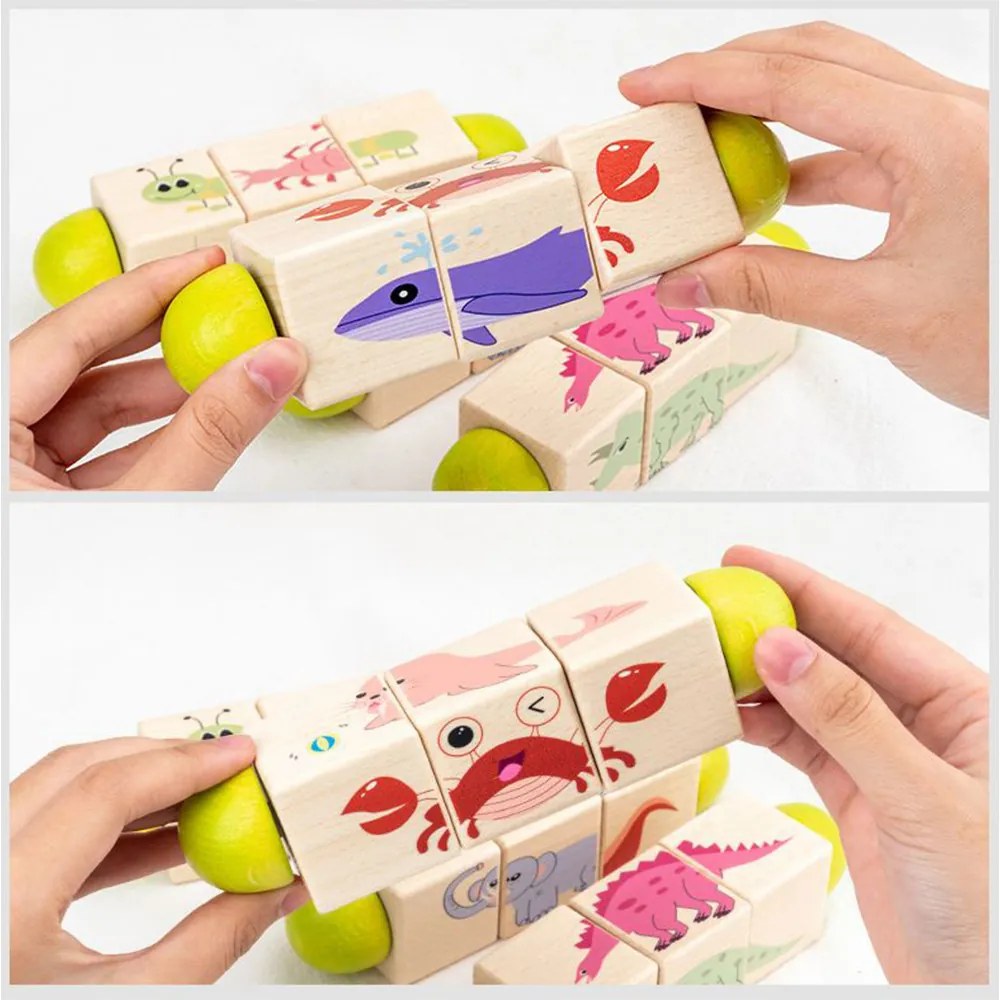 Mini puzzle cu cilindri cu animale, jucărie din lemn Montessori