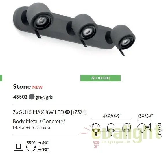 Aplica perete cu 3 spoturi directionabile STONE-3 gri 43502
