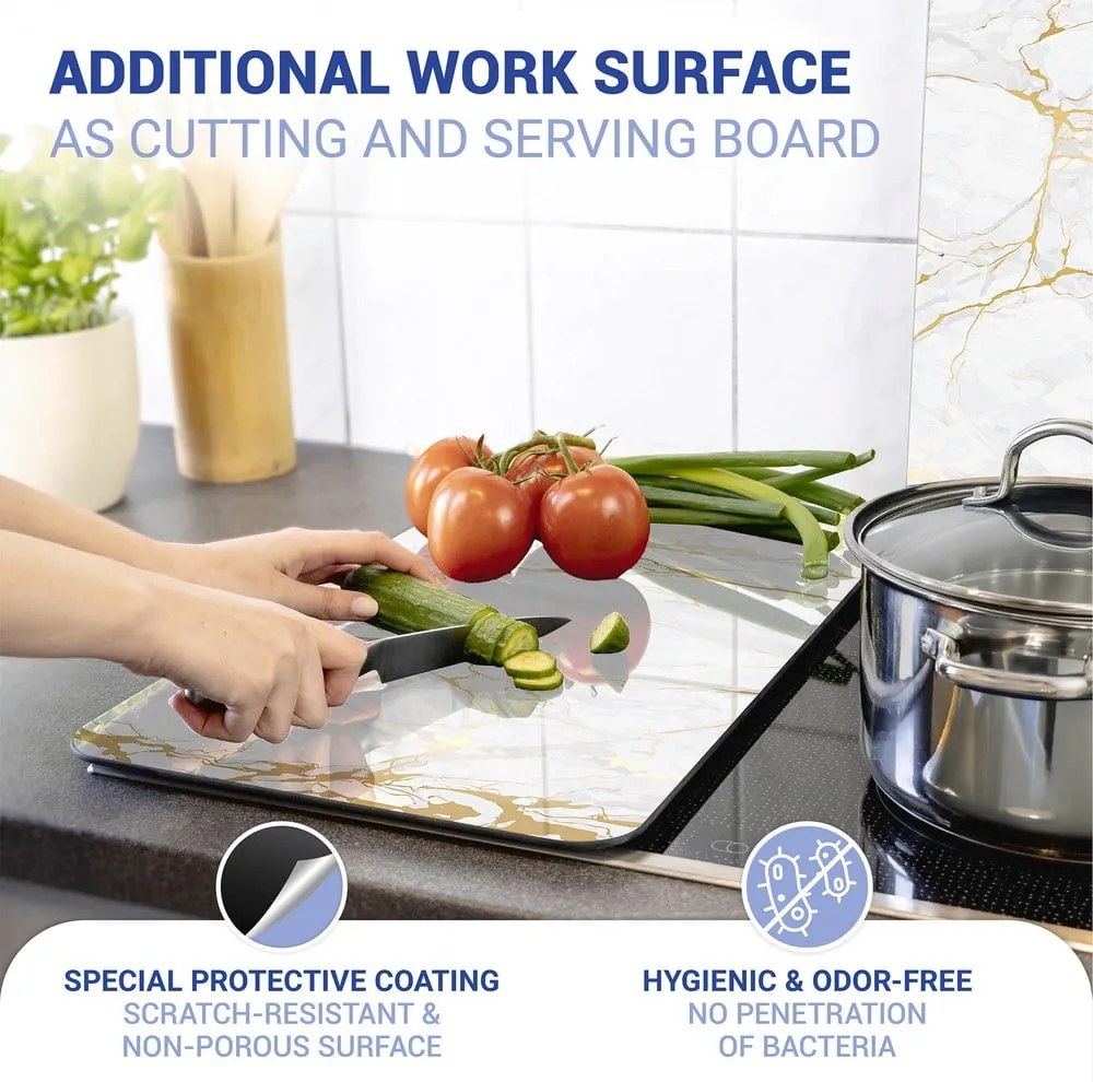 Set 2 protecții din sticlă pentru aragaz Wenko Marble, 52 x 30 cm , alb - auriu