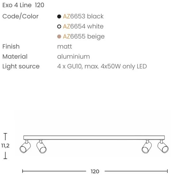 Plafoniera liniara alba cu 4 spoturi EXO 4, 120cm