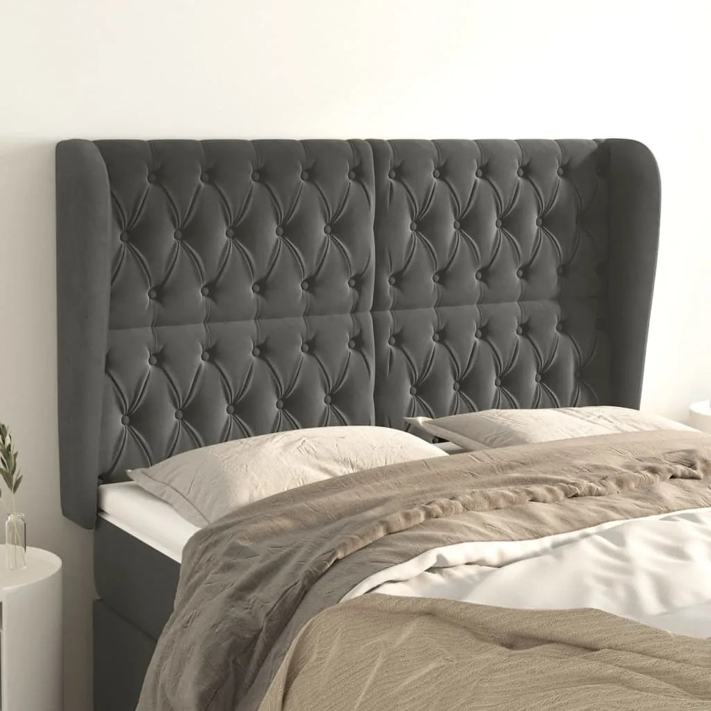 vidaXL Tăblie de pat cu aripioare gri închis 147x23x118/128 cm catifea