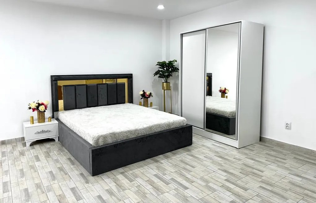 Dormitor Napoli, culoare gri / alb, cu pat Napoli 160 x 200 cm, dressing Erika 150 cm, 2 noptiere Viena