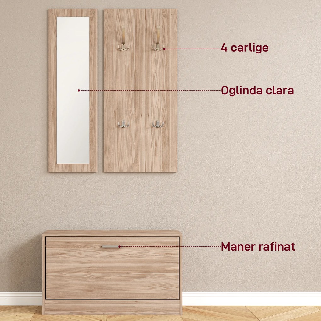HOMCOM Set Mobilier Hol cu Bancă Pantofar, Cuier și Oglindă din Lemn | Aosom Romania
