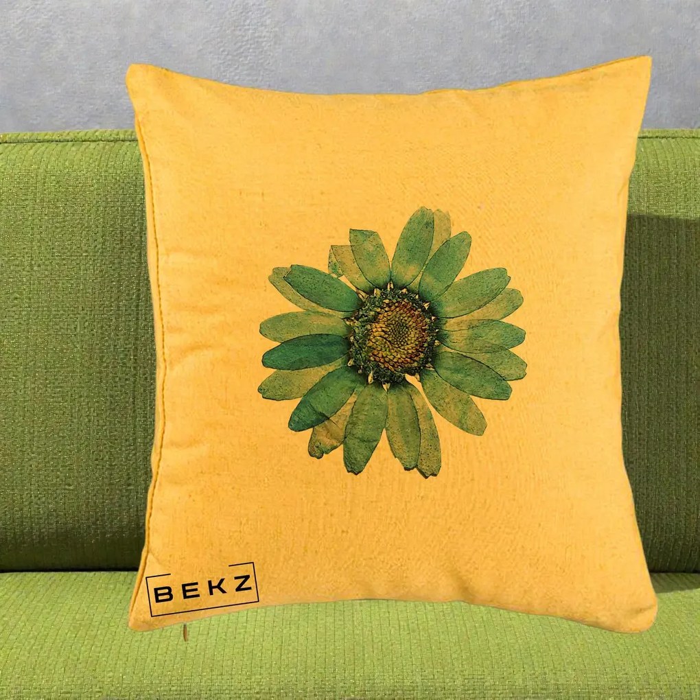 Perna Decorativa Floare Margareta Albastra Acuarela, 40x40 cm, Galben, Husa Detasabila, Perna Inclusa, BEKZ®