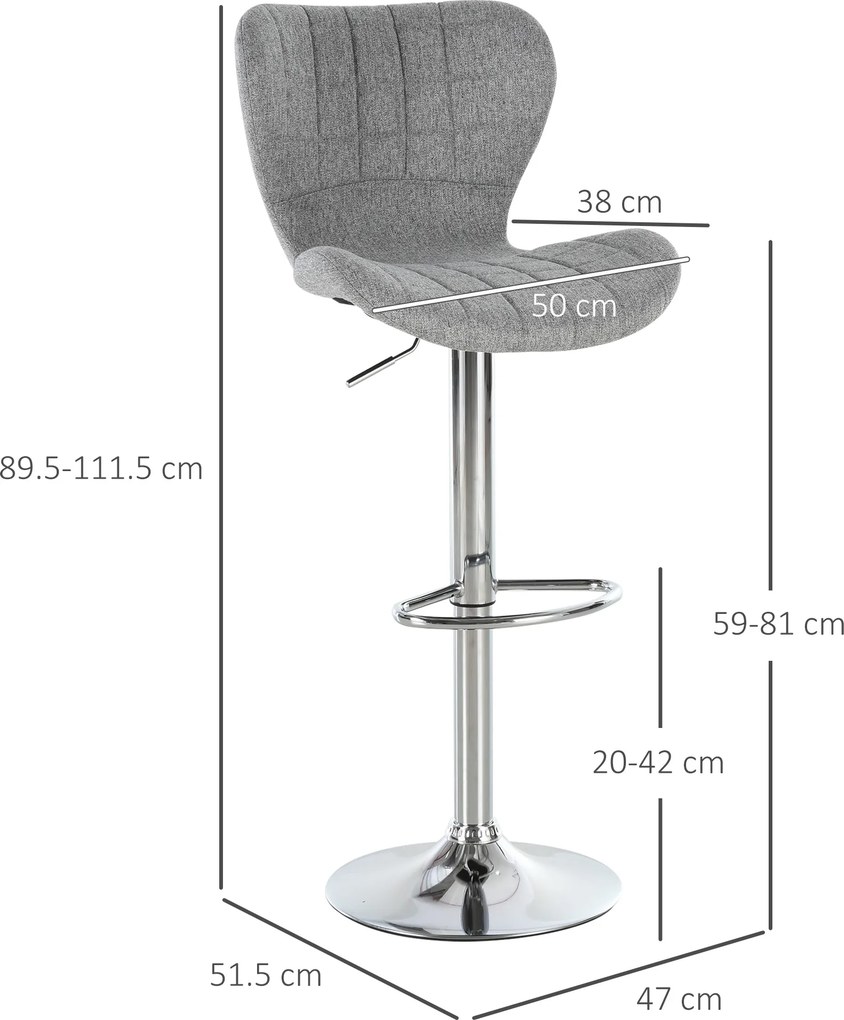 HOMCOM Set 2 Scaune de Bar Rotative cu Înălțime Reglabilă, Tetieră pentru Picioare și Spătar, 47x51,5x111,5 cm, Gri | Aosom Romania