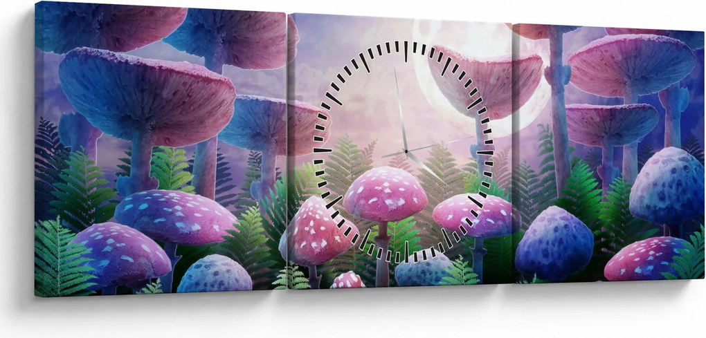 Tablou - Ciuperci sub lună plină (cu ceas) (90x30 cm)