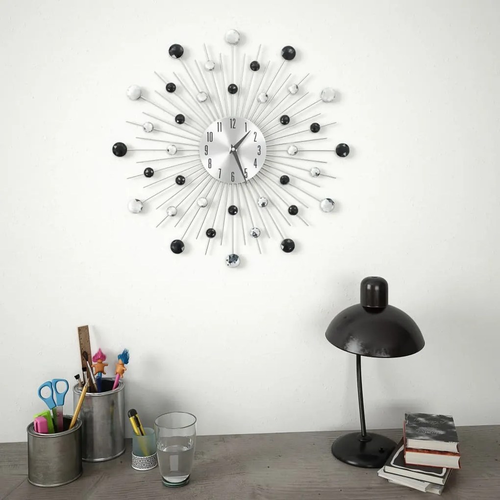 Ceas de perete, mecanism cuart, 50 cm, design modern Argintiu si negru