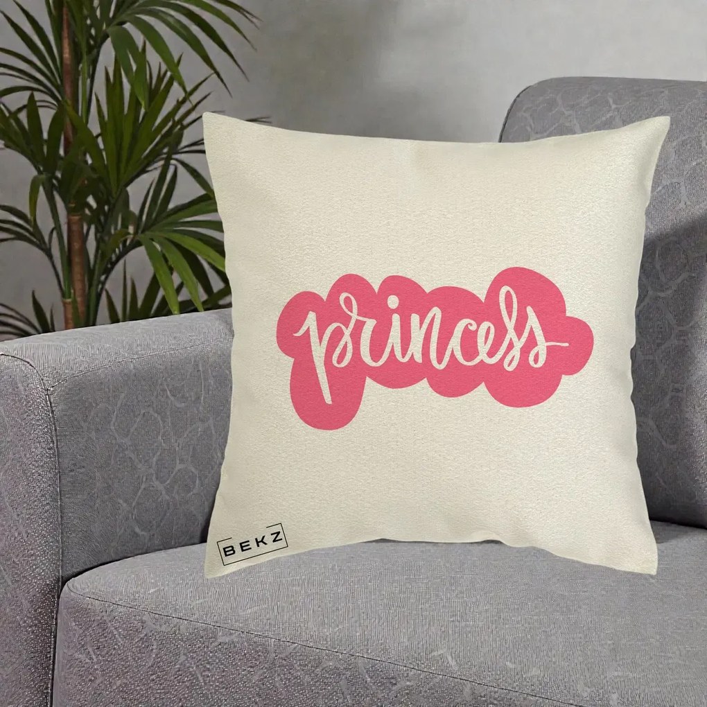Perna Decorativa Princess Text Roz, 40x40 cm, Ecru, Husa Detasabila, Perna Inclusa, BEKZ®