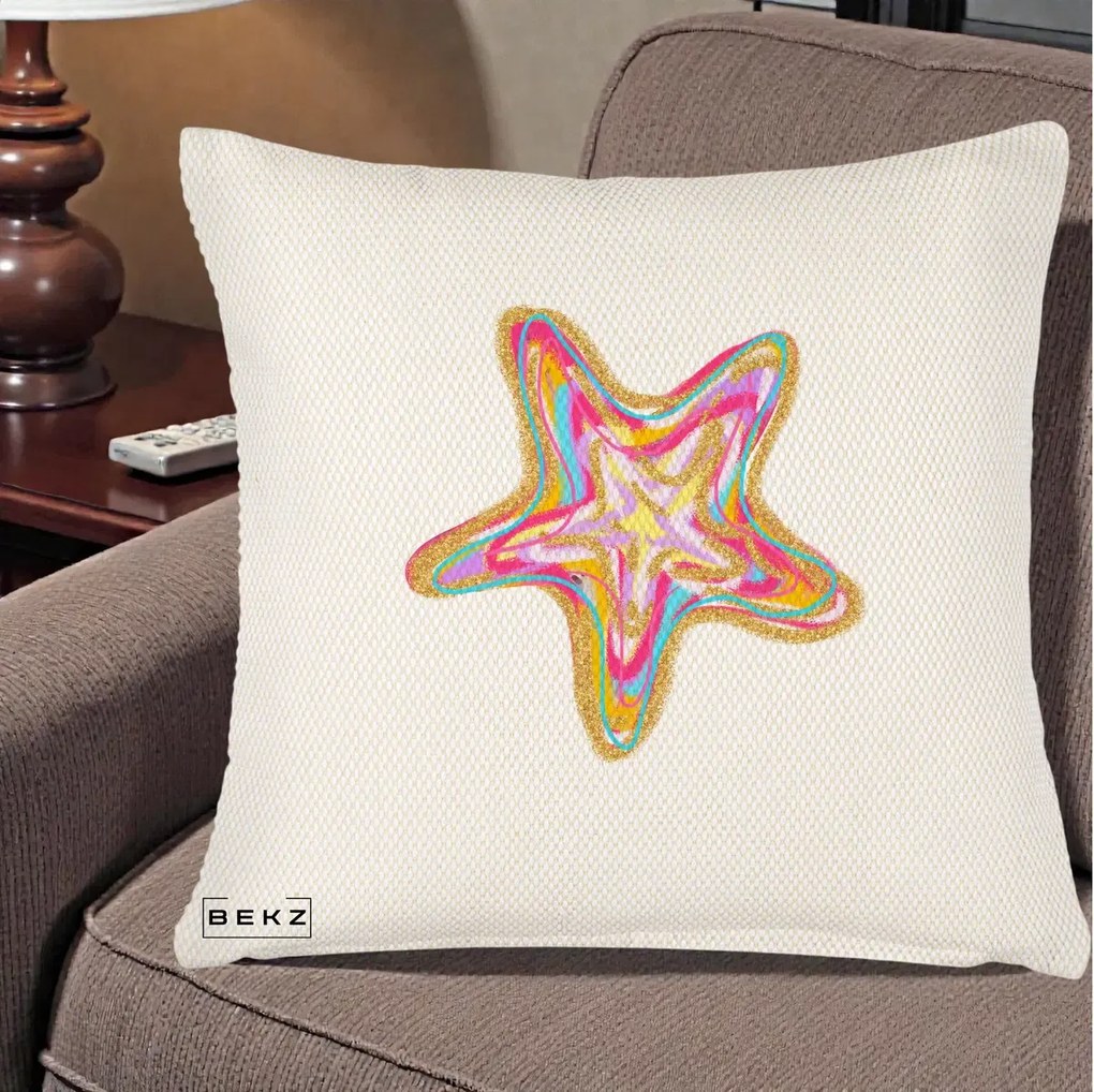 Perna Decorativa Stea de Mare Neon Curcubeu, 40x40 cm, Crem Reliefat, Husa Detasabila, Perna Inclusa, BEKZ®