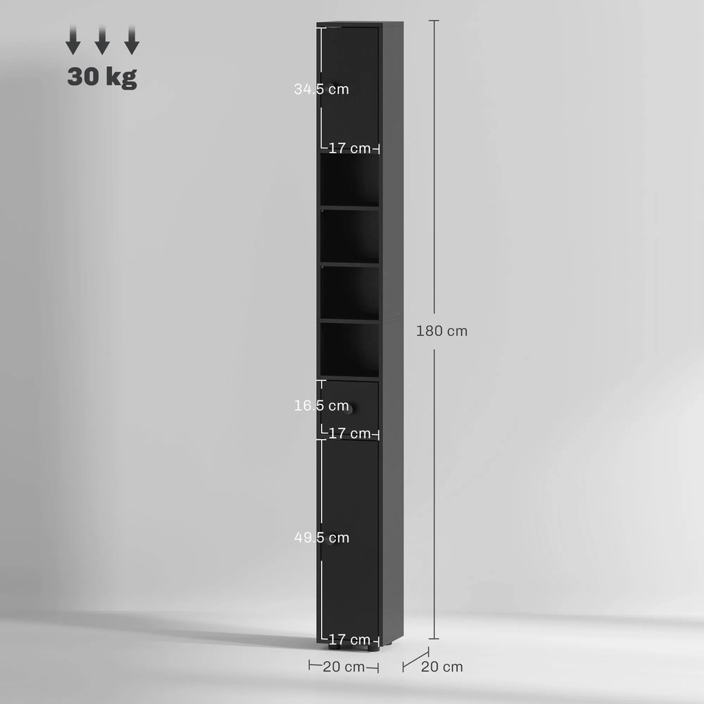 kleankin Dulap înalt pentru baie Coloană de baie îngustă cu 1 sertar 4 rafturi deschise și rafturi reglabile 20x20x180 cm Negru | Aosom Romania