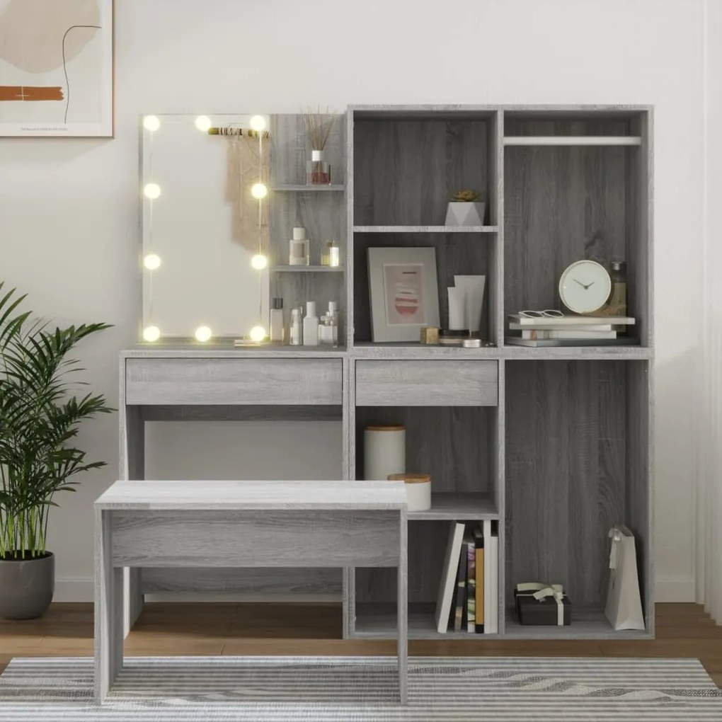 3114105 vidaXL Set de măsuță de toaletă cu LED, stejar sonoma, lemn prelucrat