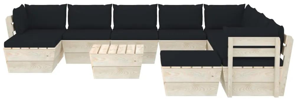 Set mobilier gradina din paleti cu perne, 11 piese, lemn molid Negru, 3x colt + 5x mijloc + masa + 2x suport pentru picioare, 1
