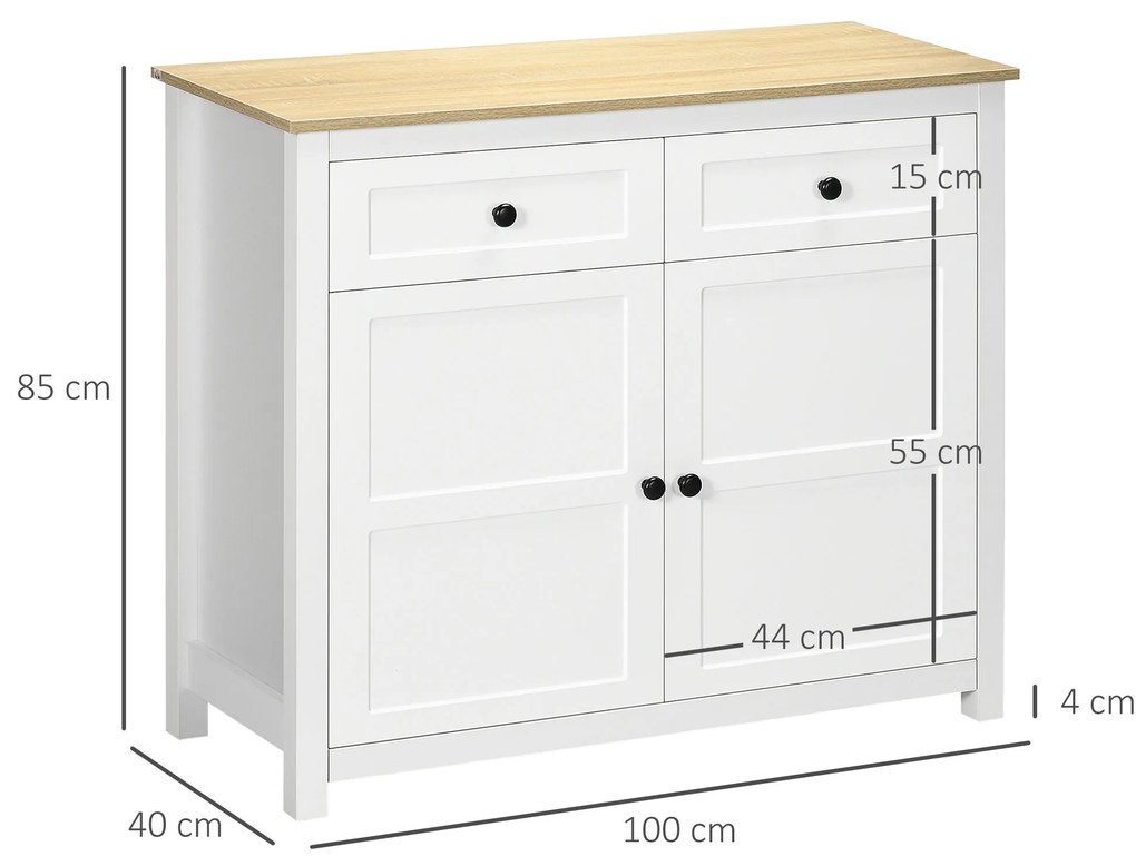 HOMCOM Comodă mobilier de depozitare cu 2 uși și raft reglabil în înălțime 2 sertare 100 x 40 x 85 cm alb și aspect lemn | Aosom Romania