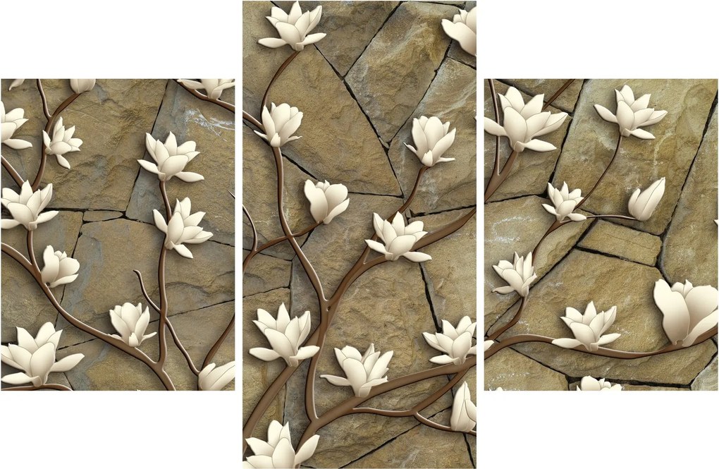 Tablou - Magnolii albe pe zidărie de piatră (90x60 cm)