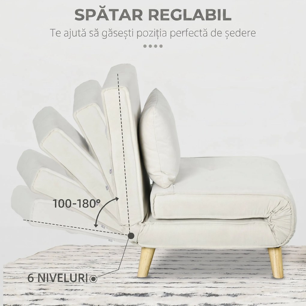 HOMCOM Fotoliu Pat Individual 2 în 1 cu Spătar Reglabil pe 6 Nivele și Pernă, Canapea Pat Individuală, 72x78x79 cm, Bej | Aosom Romania