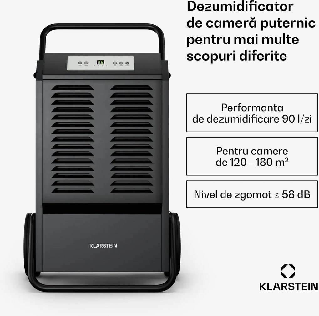Klarstein DuraDry 90L dezumidificator, 90 l/zi, 120-180 m², oțel inoxidabil, mobil, 450 m³/h