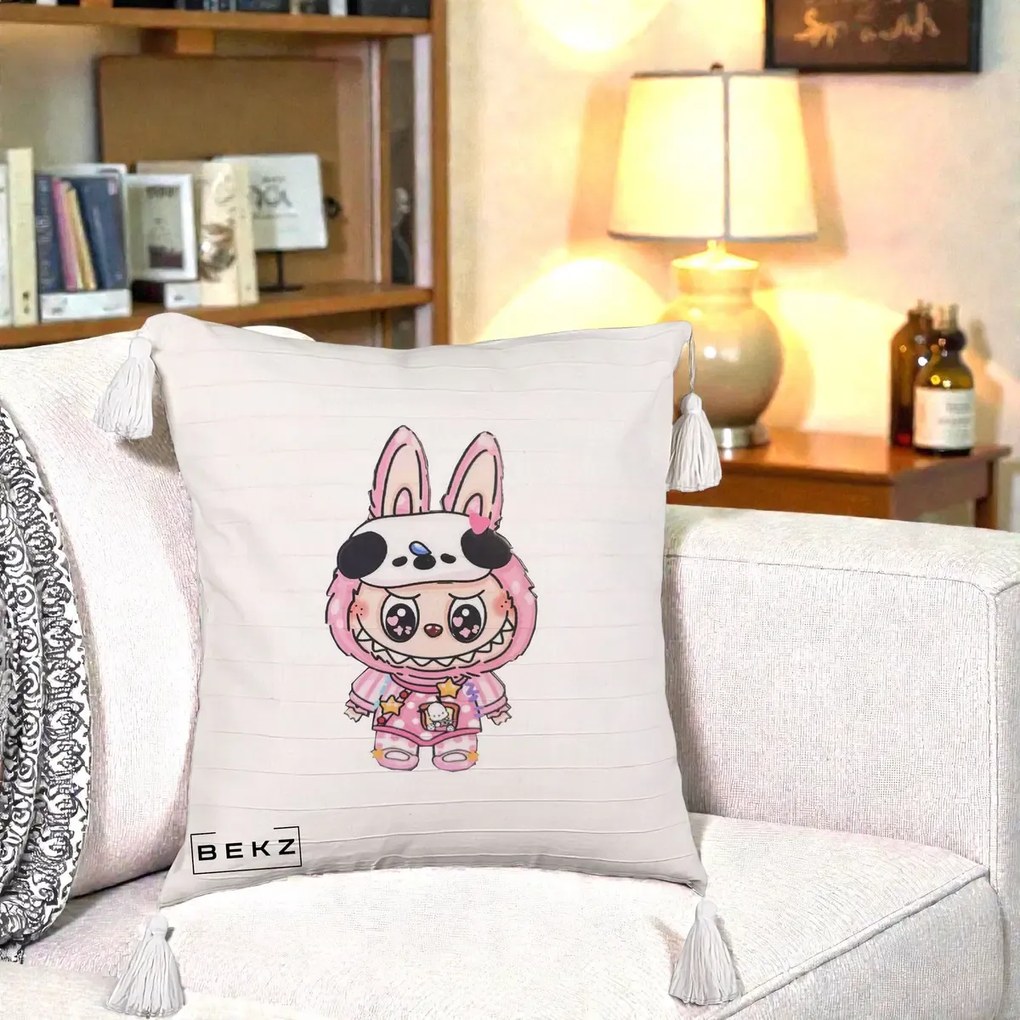 Perna Personalizata Labubu Panda-Bunny Roz, 40x40 cm, Bej cu Franjuri, Husa Detasabila, Perna Inclusa, BEKZ®