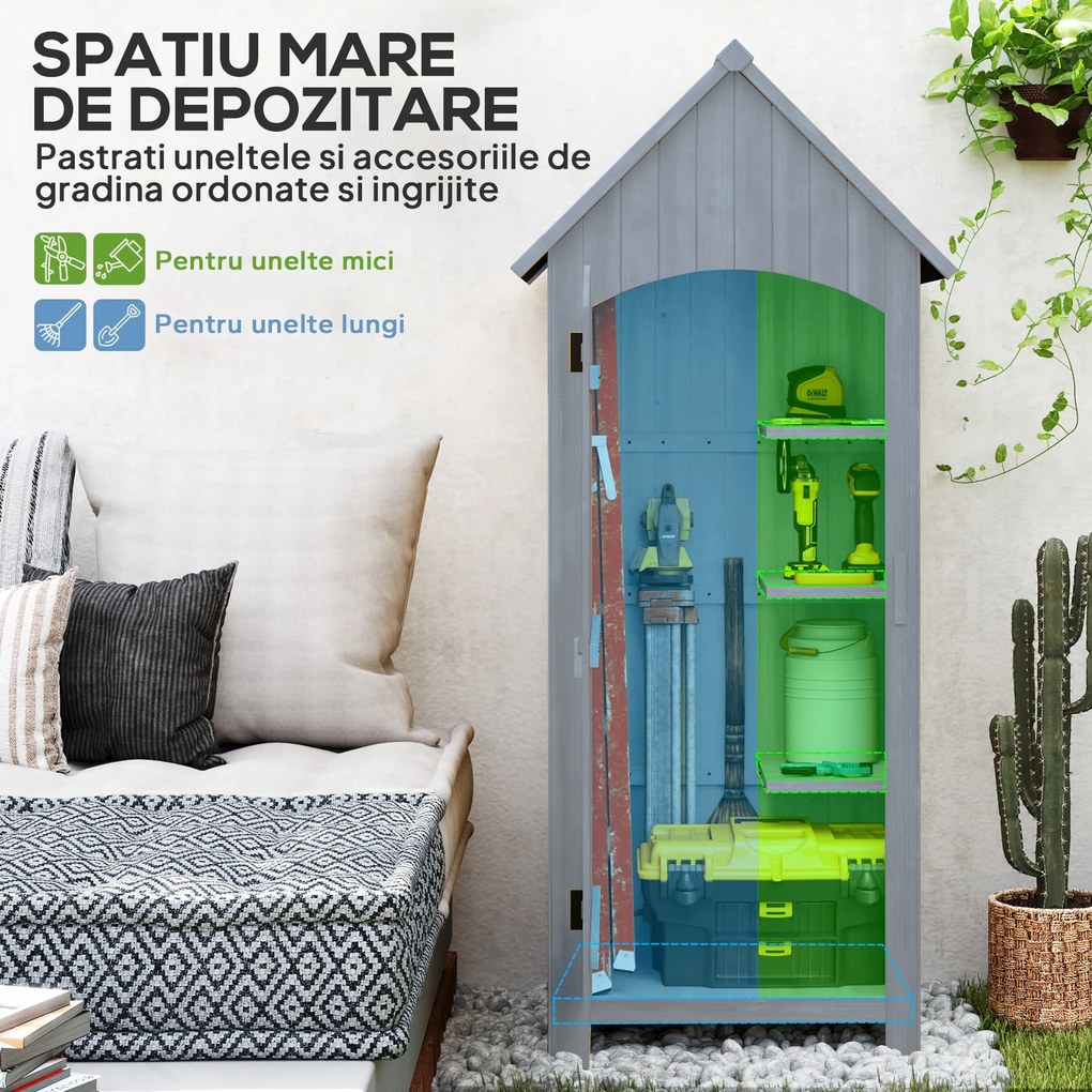 Outsunny Căsuță pentru Unelte din Lemn cu 3 Rafturi cu Acoperiș Impermeabil din Bitum, 77.5x54.2x179.5 cm, Gri | Aosom Romania