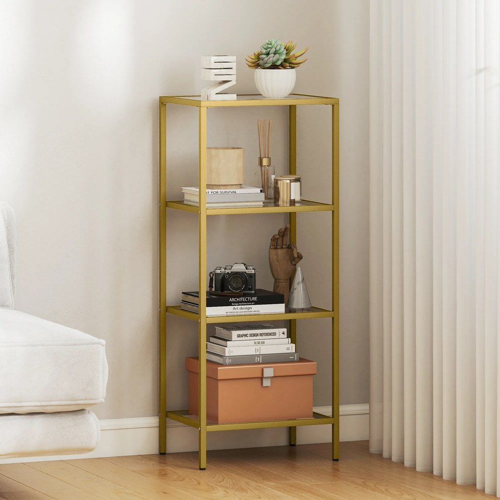 HOMCOM Unitate de Rafturi cu 4 Nivele, Raft de Sticlă, Raft de Stocare Vertical pentru Sufragerie, Birou Acasă, Dormitor, Baie, Tonuri de Aur | Aosom Romania