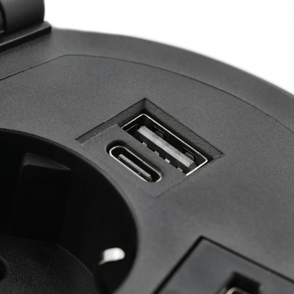 Priza incorporabila rotunda, 1 priza schuko, USB A+C + 1 port interschimbabil(USB A, HDMI, RJ45), incarcare Wireless 5 W, cablu 1.5 m, neagra, GTV