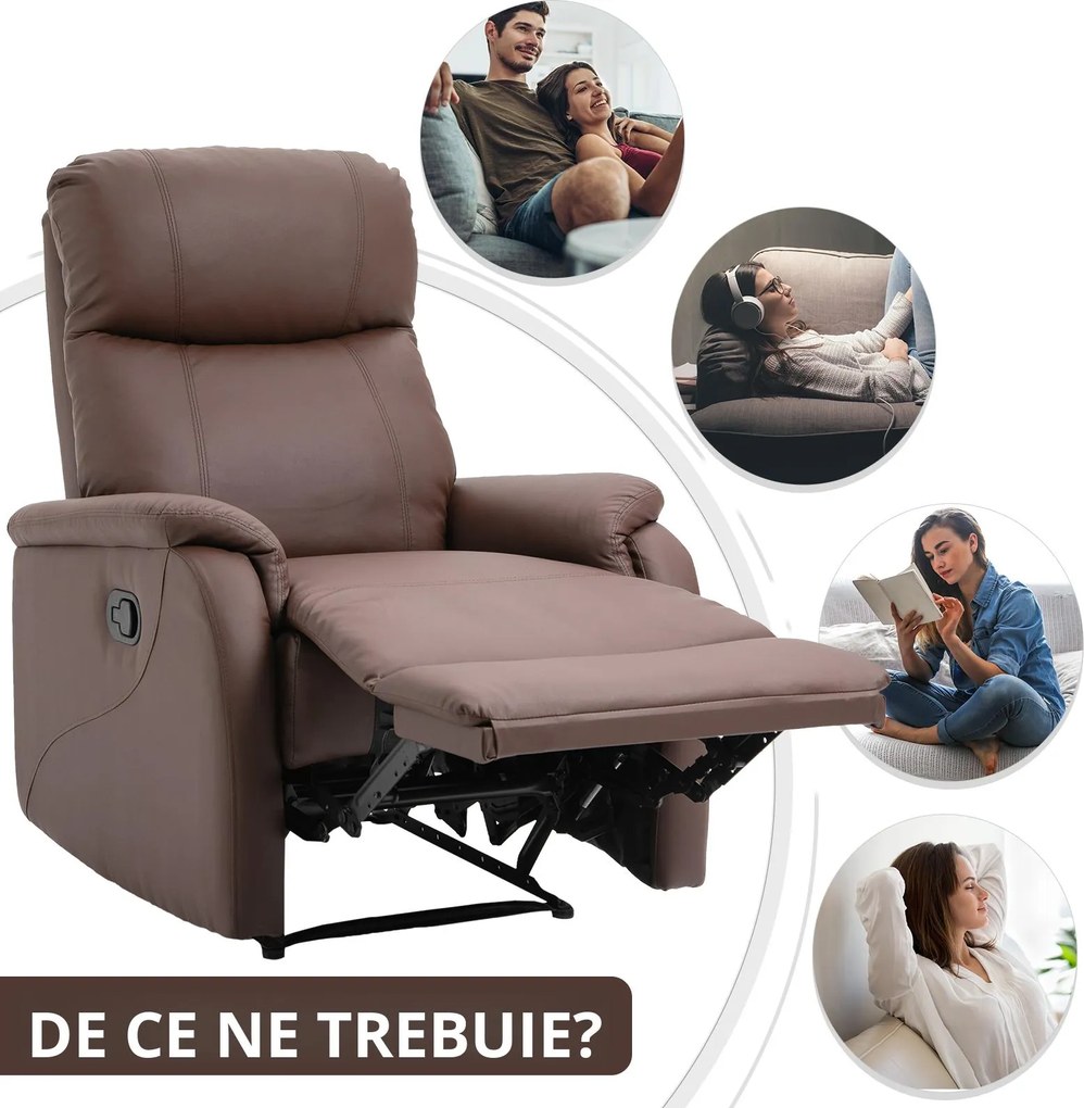 Fotoliu Relax Manual cu Spatar Rabatabil si Taburet din Piele Sintetica Maro HOMCOM | Aosom Romania