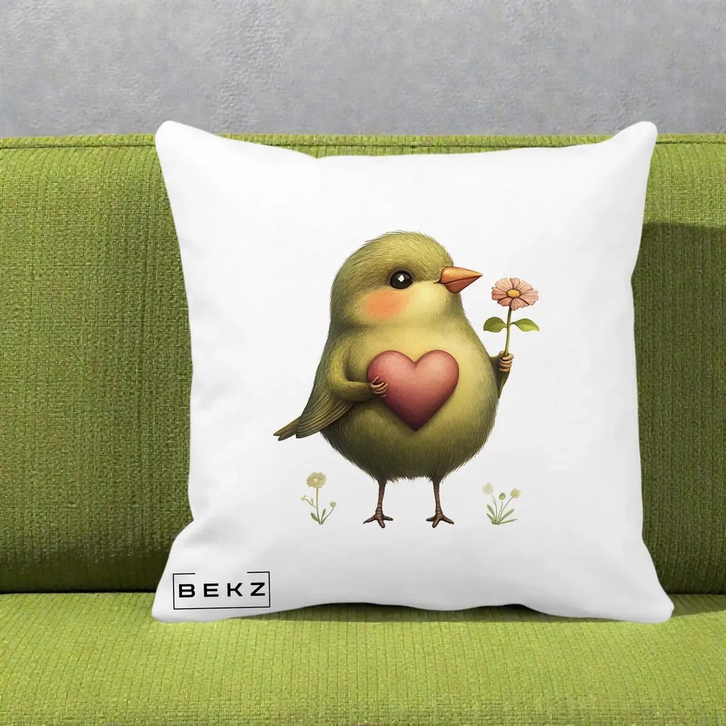 Perna Decorativa Pasare Verde cu Inima si Floare, 40x40 cm, Alba Mata, Husa Detasabila, Perna Inclusa, BEKZ®
