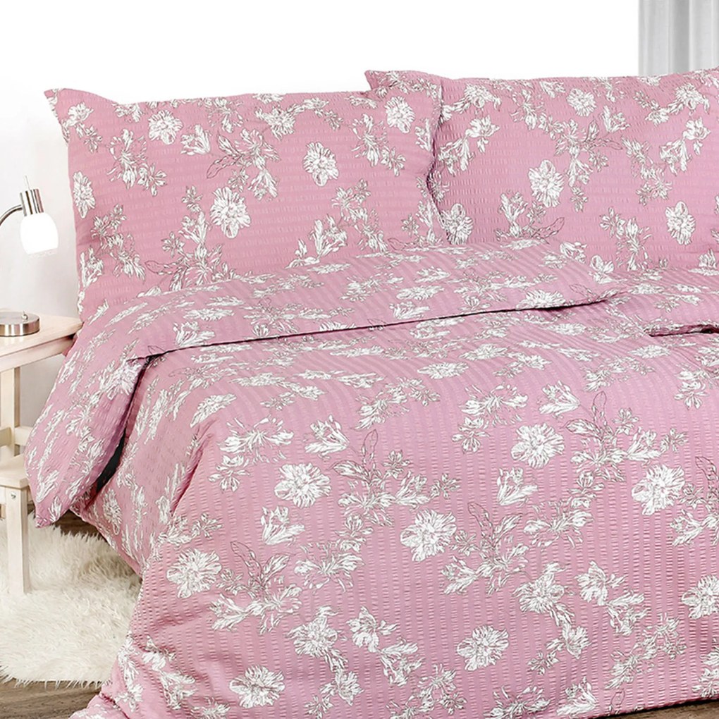 Goldea lenjerie de pat creponată - crini pe roz vechi 140 x 220 și 50 x 70 cm