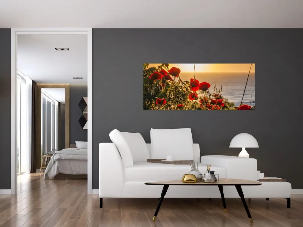 Tablou cu apus de soare cu flori de maci (120x50 cm)