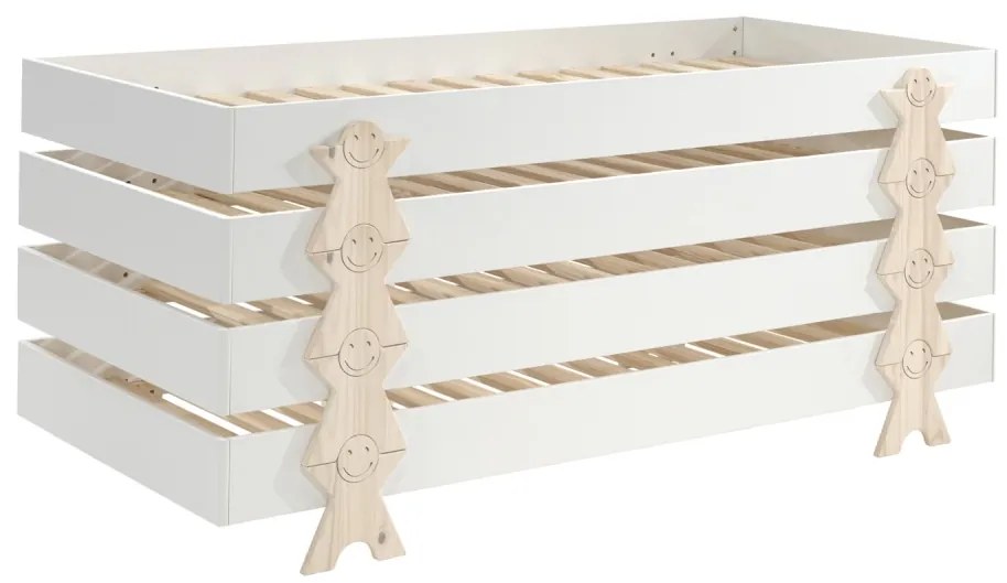 Set 4 paturi stivuibile pentru copii MODULO, alb, 90 x 200 cm, cu picioare în formă de zâmbet – Vipack