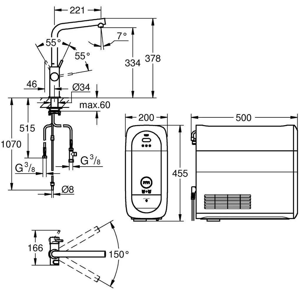 Baterie bucatarie Grohe Blue Home, monocomanda, sistem de filtrare apa, racire apa si apa carbogazoasa, 3 nivele mineralizare, cartus ceramic, pipa tip L, pivotanta 150, crom-31454001