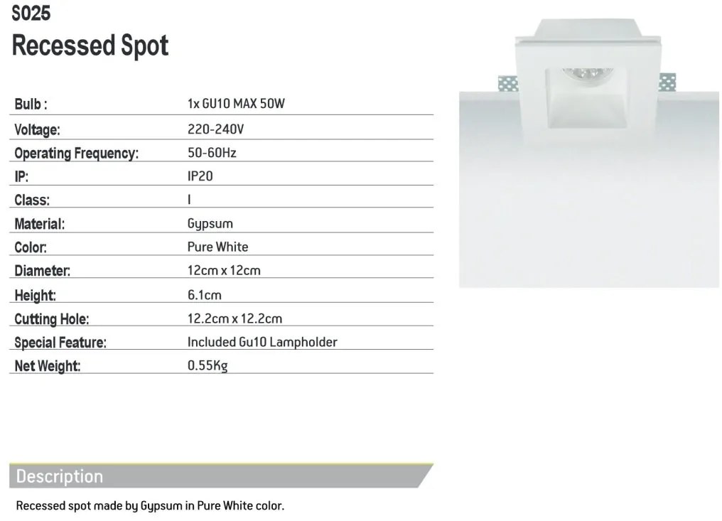 Spot incastrabil tavan Gypsum alb